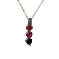 Kök yakut, rodolit garnet ve siyah zirkon 925 ayar siyah rodyum kaplama gümüş kolye (40 cm rose altın rolo zincir)