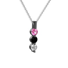 Trinity Taşlı Kolye - Pembe kuvars, siyah zirkon ve swarovski 925 ayar siyah rodyum kaplama gümüş kolye (40 cm beyaz altın rolo zincir) #nftch2
