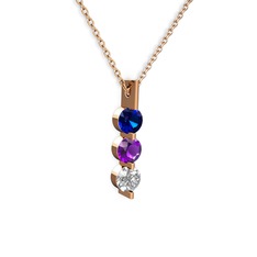 Lab safir, ametist ve swarovski 925 ayar rose altın kaplama gümüş kolye (40 cm gümüş rolo zincir)