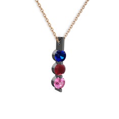 Lab safir, kök yakut ve pembe kuvars 925 ayar siyah rodyum kaplama gümüş kolye (40 cm rose altın rolo zincir)