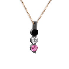 Siyah zirkon, swarovski ve pembe kuvars 925 ayar siyah rodyum kaplama gümüş kolye (40 cm rose altın rolo zincir)