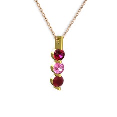 Rodolit garnet, pembe kuvars ve kök yakut 925 ayar altın kaplama gümüş kolye (40 cm rose altın rolo zincir)