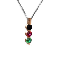 Siyah zirkon, rodolit garnet ve yeşil kuvars 925 ayar rose altın kaplama gümüş kolye (40 cm gümüş rolo zincir)