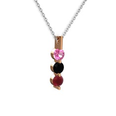 Pembe kuvars, siyah zirkon ve kök yakut 14 ayar rose altın kolye (40 cm beyaz altın rolo zincir)