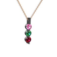 Pembe kuvars, yeşil kuvars ve rodolit garnet 925 ayar siyah rodyum kaplama gümüş kolye (40 cm rose altın rolo zincir)
