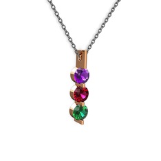 Ametist, rodolit garnet ve yeşil kuvars 925 ayar rose altın kaplama gümüş kolye (40 cm gümüş rolo zincir)