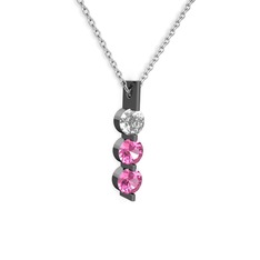 Swarovski ve pembe kuvars 925 ayar siyah rodyum kaplama gümüş kolye (40 cm gümüş rolo zincir)