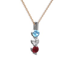 Akuamarin, swarovski ve kök yakut 8 ayar beyaz altın kolye (40 cm rose altın rolo zincir)