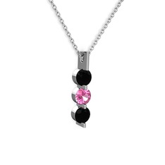Siyah zirkon ve pembe kuvars 8 ayar beyaz altın kolye (40 cm beyaz altın rolo zincir)