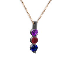 Trinity Taşlı Kolye - Ametist, kök yakut ve lab safir 925 ayar siyah rodyum kaplama gümüş kolye (40 cm rose altın rolo zincir) #qeh7n5