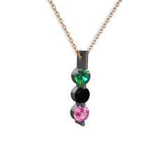 Yeşil kuvars, siyah zirkon ve pembe kuvars 925 ayar siyah rodyum kaplama gümüş kolye (40 cm rose altın rolo zincir)