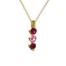 Rodolit garnet, pembe kuvars ve kök yakut 14 ayar altın kolye (40 cm altın rolo zincir)