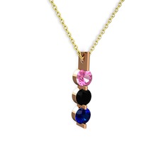 Pembe kuvars, siyah zirkon ve lab safir 925 ayar rose altın kaplama gümüş kolye (40 cm altın rolo zincir)