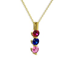Rodolit garnet, lab safir ve pembe kuvars 8 ayar altın kolye (40 cm altın rolo zincir)