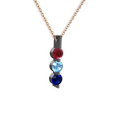 Trinity Taşlı Kolye - Kök yakut, akuamarin ve lab safir 925 ayar siyah rodyum kaplama gümüş kolye (40 cm rose altın rolo zincir) #risu9g