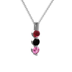 Kök yakut, siyah zirkon ve pembe kuvars 8 ayar beyaz altın kolye (40 cm beyaz altın rolo zincir)
