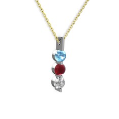 Akuamarin, kök yakut ve swarovski 8 ayar beyaz altın kolye (40 cm altın rolo zincir)