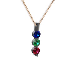 Lab safir, yeşil kuvars ve rodolit garnet 925 ayar siyah rodyum kaplama gümüş kolye (40 cm rose altın rolo zincir)