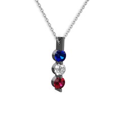 Trinity Taşlı Kolye - Lab safir, swarovski ve rodolit garnet 925 ayar siyah rodyum kaplama gümüş kolye (40 cm gümüş rolo zincir) #s787jm