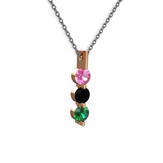 Pembe kuvars, siyah zirkon ve yeşil kuvars 925 ayar rose altın kaplama gümüş kolye (40 cm gümüş rolo zincir)