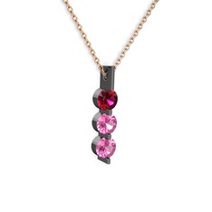 Rodolit garnet ve pembe kuvars 925 ayar siyah rodyum kaplama gümüş kolye (40 cm rose altın rolo zincir)