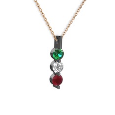 Trinity Taşlı Kolye - Yeşil kuvars, swarovski ve kök yakut 925 ayar siyah rodyum kaplama gümüş kolye (40 cm rose altın rolo zincir) #svz2uz
