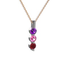 Ametist, pembe kuvars ve kök yakut 8 ayar beyaz altın kolye (40 cm rose altın rolo zincir)