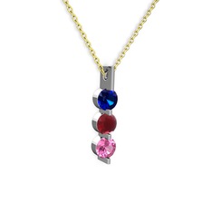 Lab safir, kök yakut ve pembe kuvars 8 ayar beyaz altın kolye (40 cm gümüş rolo zincir)