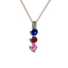Trinity Taşlı Kolye - Lab safir, kök yakut ve pembe kuvars 14 ayar beyaz altın kolye (40 cm rose altın rolo zincir) #t2a514