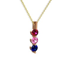 Trinity Taşlı Kolye - Rodolit garnet, pembe kuvars ve lab safir 14 ayar rose altın kolye (40 cm gümüş rolo zincir) #td1b17