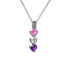 Pembe kuvars, swarovski ve ametist 14 ayar beyaz altın kolye (40 cm beyaz altın rolo zincir)