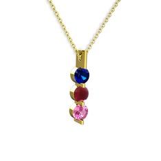 Trinity Taşlı Kolye - Lab safir, kök yakut ve pembe kuvars 925 ayar altın kaplama gümüş kolye (40 cm gümüş rolo zincir) #ueq754