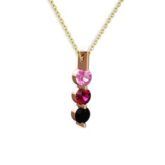 Pembe kuvars, rodolit garnet ve siyah zirkon 8 ayar rose altın kolye (40 cm altın rolo zincir)