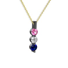 Trinity Taşlı Kolye - Pembe kuvars, swarovski ve lab safir 925 ayar siyah rodyum kaplama gümüş kolye (40 cm altın rolo zincir) #unkxnl