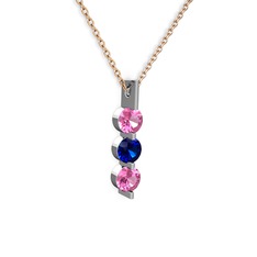 Pembe kuvars ve lab safir 925 ayar gümüş kolye (40 cm rose altın rolo zincir)