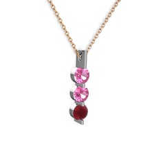 Pembe kuvars ve kök yakut 8 ayar beyaz altın kolye (40 cm rose altın rolo zincir)