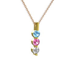 Akuamarin, pembe kuvars ve swarovski 8 ayar altın kolye (40 cm gümüş rolo zincir)