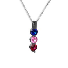 Trinity Taşlı Kolye - Lab safir, pembe kuvars ve rodolit garnet 925 ayar siyah rodyum kaplama gümüş kolye (40 cm gümüş rolo zincir) #v8s1cg