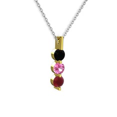 Trinity Taşlı Kolye - Siyah zirkon, pembe kuvars ve kök yakut 925 ayar altın kaplama gümüş kolye (40 cm gümüş rolo zincir) #vm6b0a