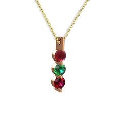 Kök yakut, yeşil kuvars ve rodolit garnet 14 ayar rose altın kolye (40 cm altın rolo zincir)