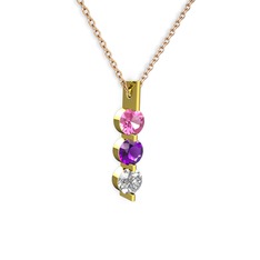 Pembe kuvars, ametist ve swarovski 8 ayar altın kolye (40 cm gümüş rolo zincir)