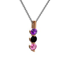Ametist, siyah zirkon ve pembe kuvars 14 ayar rose altın kolye (40 cm gümüş rolo zincir)