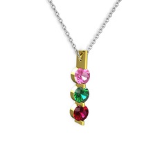 Pembe kuvars, yeşil kuvars ve rodolit garnet 14 ayar altın kolye (40 cm gümüş rolo zincir)