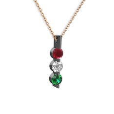 Trinity Taşlı Kolye - Kök yakut, swarovski ve yeşil kuvars 925 ayar siyah rodyum kaplama gümüş kolye (40 cm rose altın rolo zincir) #yn149j