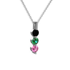 Siyah zirkon, yeşil kuvars ve pembe kuvars 8 ayar beyaz altın kolye (40 cm beyaz altın rolo zincir)