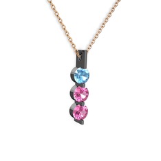 Akuamarin ve pembe kuvars 925 ayar siyah rodyum kaplama gümüş kolye (40 cm rose altın rolo zincir)