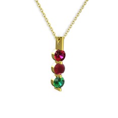 Rodolit garnet, kök yakut ve yeşil kuvars 14 ayar altın kolye (40 cm gümüş rolo zincir)