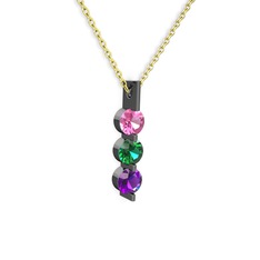 Trinity Taşlı Kolye - Pembe kuvars, yeşil kuvars ve ametist 925 ayar siyah rodyum kaplama gümüş kolye (40 cm altın rolo zincir) #zu7rhk