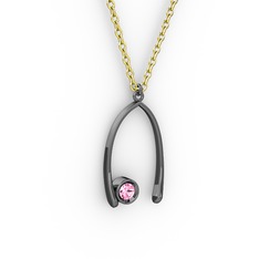 Taşlı Dilek Kolye - Pembe kuvars 925 ayar siyah rodyum kaplama gümüş kolye (40 cm altın rolo zincir) #1ihqs4l