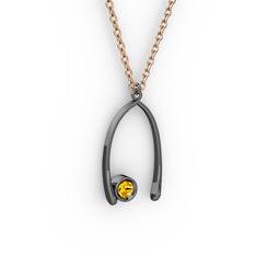 Taşlı Dilek Kolye - Sitrin 925 ayar siyah rodyum kaplama gümüş kolye (40 cm rose altın rolo zincir) #3trt0o